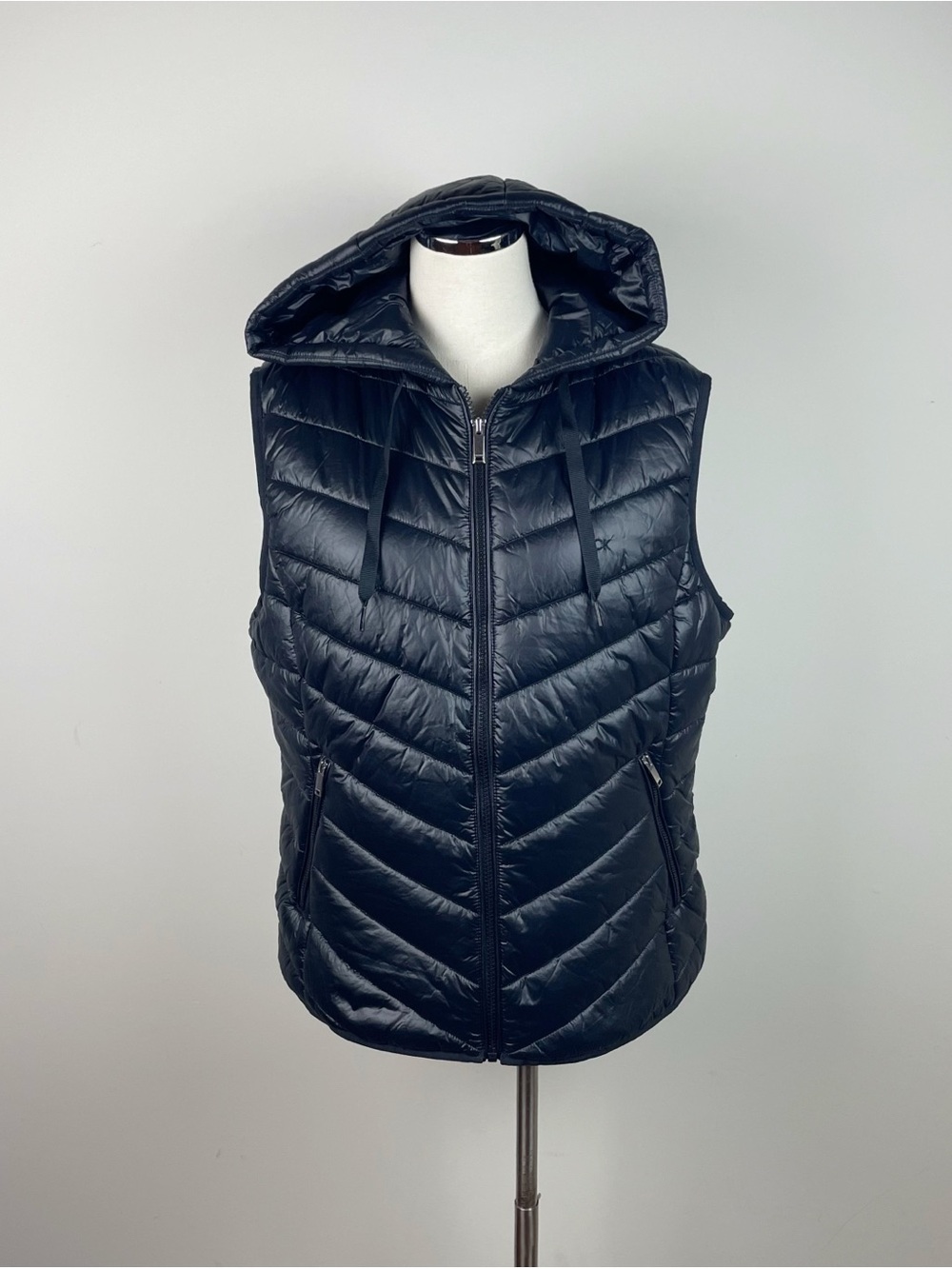 Calvin Klein Black Full Zip Hooded Puffer Vest Women Large